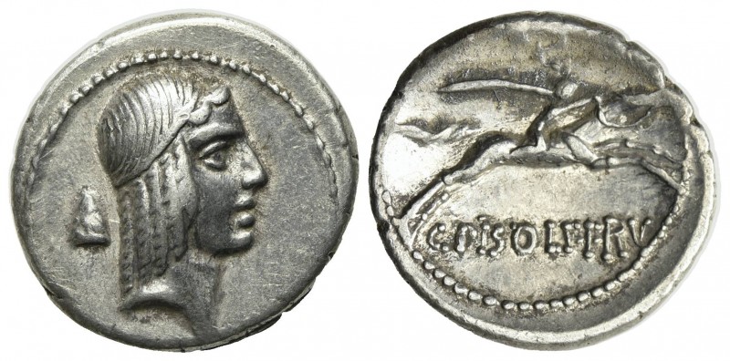 C. Piso L.f. Frugi, Rome, 61 BC. AR Denarius (18mm, 3.75g, 6h). Head of Apollo r...