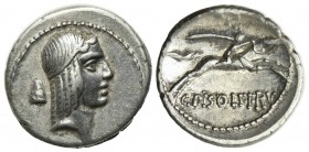 C. Piso L.f. Frugi, Rome, 61 BC. AR Denarius (18mm, 3.75g, 6h). Head of Apollo r., wearing taenia; pileus to l. R/ Naked horseman galloping l., holdin...