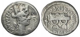 M. Plaetorius M.f. Cestianus, Rome, 57 BC. AR Denarius (19mm, 3.57g, 6h). Turreted and draped bust of Cybele r.; globe below chin, forepart of lion be...