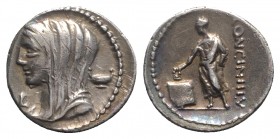 L. Cassius Longinus, Rome, 60 BC. AR Denarius (20mm, 3.85g, 6h). Veiled and draped bust of Vesta l.; L to l., calix to r. R/ Voter standing l., droppi...