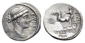 P. Plautius Hypsaeus, Rome, 57 BC. AR Denarius (18mm, 3.91g, 6h). Diademed and draped bust of Leuconoë r.; [dolphin behind]. R/ Jupiter driving quadri...
