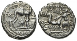 M. Aemilius Scaurus and Pub. Plautius Hypsaeus, Rome, 58 BC. AR Denarius (17mm, 3.94g, 1h). Nabatean king Aretas kneeling r., holding reins and olive ...