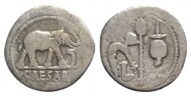 Julius Caesar, military mint traveling with Caesar, April-August 49 BC. AR Denarius (19mm, 3.35g, 11h). Elephant advancing r., trampling on horned ser...