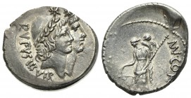 Roman Imperatorial, Mn. Cordius Rufus, Rome, 46 BC. AR Denarius (19mm, 3.72g, 7h). Conjoined heads of the Dioscuri r., wearing pilei with fillet surmo...