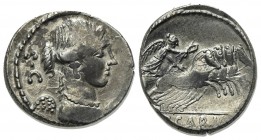 Roman Imperatorial, T. Carisius, Rome, 46 BC. AR Denarius (17mm, 3.77g, 3h). Draped and winged bust of Victory r. R/ Victory driving quadriga r. Crawf...