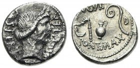 Julius Caesar, Utica(?), 46 BC. AR Denarius (18mm, 3.69g, 6h). Head of Ceres r., wearing wreath of grain. R/ Emblems of the augurate and pontificate: ...
