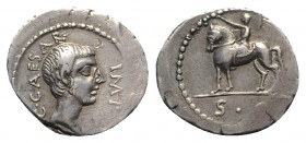 Octavian. April-July 43 BC. AR Denarius (19mm, 3.41g, 6h). Military mint traveling with Octavian in Cisalpine Gaul. Bare head r. R/ Equestrian statue ...