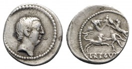 Roman Imperatorial, L. Livineius Regulus, Rome, 42 BC. AR Denarius (19mm, 2.78g, 11h). Bare head r. R/ Venatio scene: in foreground, lion charging r. ...