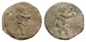 Roman PB Tessera, c. 1st century BC - 1st century AD (22mm, 3.70g, 12h). Child(?) standing r., raising hands. R/ Child(?) standing r., raising hands. ...