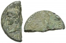 Augustus and Agrippa (27 BC-14 AD). Halved Æ As (25mm, 5.81g, 3h). Gaul, Nemausus, c. 9-3 BC. Heads of Agrippa and Augustus back to back, that of Agri...