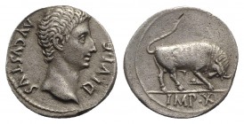 Augustus (27 BC-AD 14). AR Denarius (18mm, 3.27g, 11h). Lugdunum, 15 BC. Bare head r. R/ Bull butting r.; IMP•X in exergue. RIC I 167a; RSC 137. VF