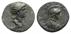 Livia (Augusta, 14-29). Cilicia, Augusta. Æ (18.5mm, 3.69g, 1h), year 11 (AD 30/1). Diademed and draped bust r. R/ Helmeted bust of Athena r., wearing...