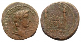 Tiberius (Caesar, AD 4-14). Æ As (27mm, 12.90g, 11h). Lugdunum (Lyon), 13-4. Laureate head of Tiberius r. R/ Front elevation of the Altar of Lugdunum,...