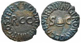Gaius (Caligula, 37-41). Æ Quadrans (16mm, 2.54g, 6h). Rome, 40-1. Pileus between S C. R/ Large RCC. RIC I 52. Good VF