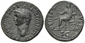 Claudius (41-54). Æ Dupondius (30mm, 9.69g, 3h). Rome, 41-2. Bare head l. R/ Ceres seated l. on throne, holding two stalks of grain and long torch. RI...