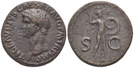 Claudius (41-54). Æ As (28mm, 9.31g, 6h). Rome. Bare head l. R/ Minerva, wearing aegis, advancing r., brandishing spear with r. hand and holding round...