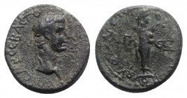 Claudius (41-54). Aeolis, Aegae. Æ (19mm, 5.40g, 11h). Apollodoros, magistrate. Laureate head r. R/ Apollo standing r., holding taenia and laurel bran...