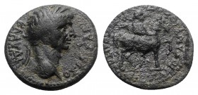 Claudius (41-54). Phrygia, Hierapolis. Æ (20mm, 5.81g, 6h). M. Suillios Antiochos, grammateus. Laureate head r. R/ Apollo on horseback r., holding lab...
