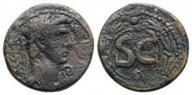 Claudius (41-54). Seleucis and Pieria, Antioch. Æ As (28mm, 16.27g, 12h). Laureate head r.; lituus below chin. R/ S • C within circle; all within laur...