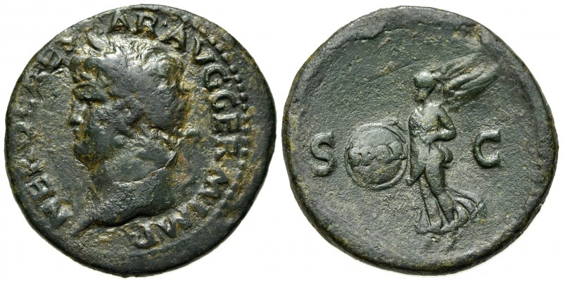 Nero (54-68). Æ As (27mm, 9.73g, 6h). Rome, AD 65. Laureate head l. R/ Victory a...
