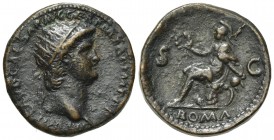 Nero (54-68). Æ Dupondius (27mm, 14.74g, 6h). Rome, c. AD 66. Radiate head r. R/ Roma seated l. on cuirass, holding wreath and parazonium; three round...