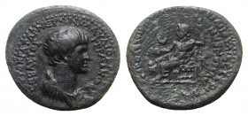 Nero (54-68). Phrygia, Acmoneia. Æ (20mm, 4.89g, 12h). L. Servenius Capito, magistrate, c. AD 55. Bare-headed and draped bust r. R/ Zeus seated l., ho...