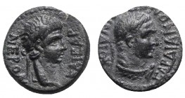 Nero (54-68). Lydia, Sardes. Æ (15mm, 3.47g, 12h). Mindios, strategus, c. AD 60. Laureate head of Nero r. R/ Laureate head of beardless Herakles r., w...