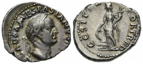 Vespasian (69-79). AR Denarius (20mm, 3.59g, 6h). Rome, AD 70. Laureate head r. R/ Fortuna standing l., resting r. hand on prow and holding cornucopia...