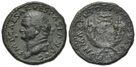 Vespasian (69-79). Æ Dupondius (26mm, 13.59g, 6h). Rome, AD 74. Laureate head l. R/ Winged caduceus between two crossed cornucopiae. RIC II 757. VF / ...