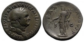 Vespasian (69-79). Æ Sestertius (33mm, 23.78g, 6h). Rome, AD 76. Laureate head r. R/ Pax standing l., holding branch and cornucopia. RIC II 880. Near ...