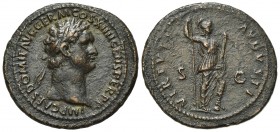 Domitian (81-96). Æ As (31mm, 9.90g, 6h). Rome, 88-9. Laureate head r. R/ Virtus standing r., holding parazonium and sceptre, l. foot on helmet. RIC I...
