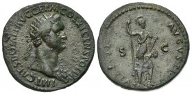 Domitian (81-96). Æ Dupondius (26mm, 9.62g, 6h). Rome, AD 85. Radiate bust r., wearing aegis. R/ Virtus standing r., l. foot on helmet, holding spear ...