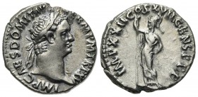Domitian (81-96). AR Denarius (17mm, 3.36g, 6h). Rome, 95-6. Laureate head r. R/ Minerva standing l., holding spear. RIC II 790; RSC 290. Good VF