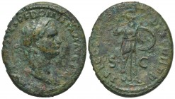 Domitian (81-96). Æ As (29mm, 10.78g, 6h). Rome, AD 81. Laureate head r. R/ Minerva walking r., holding spear and shield. RIC II 876. Green patina, ro...