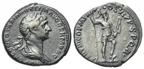 Trajan (98-117). AR Denarius (19mm, 3.42g, 6h). Rome, 116-7. Laureate, draped and cuirassed bust r. R/ Virtus standing r., holding spear and parazoniu...