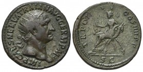 Trajan (98-117). Æ Dupondius (28mm, 10.80g, 6h). Rome, 101-2. Radiate head r. R/ Abundantia seated l. on chair formed of two cornucopias, holding scep...