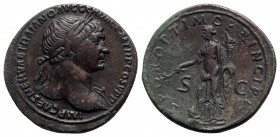 Trajan (98-117). Æ Sestertius (34.5mm, 27.02g, 6h). Rome, c. 104/5-107. Laureate bust r., slight drapery. R/ Pax standing l., with foot on bound Dacia...