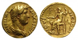 Hadrian (117-138). AV Aureus (19mm, 6.17g, 6h). Rome, AD 136. Bareheaded and draped bust r. R/ Jupiter, naked to waist, seated l. on throne, holding V...