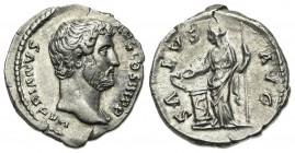 Hadrian (117-138). AR Denarius (18mm, 3.19g, 6h). Rome, 137-8. Bare head r. R/ Salus standing l., sacrificing from patera over lighted altar and holdi...