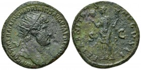Hadrian (117-138). Æ Dupondius (27mm, 11.22g, 6h). Rome, c. 120-1. Radiate head r. R/ Aeternitas standing facing, head l., holding heads of the Sun an...