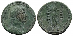 Hadrian (117-138). Æ Sestertius (32mm, 23.44g, 6h). Rome, c. 120-1. Laureate and draped bust r. R/ Concordia standing l., holding aquila and signum. R...