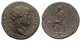 Hadrian (117-138). Æ Dupondius (27mm, 12.93g, 6h). Rome, c. 126-7. Radiate bust r., slight drapery. R/ Salus seated l., feeding from patera a serpent ...