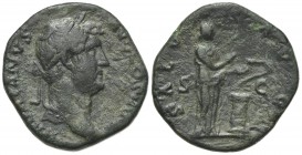 Hadrian (117-138). Æ As (25mm, 9.11g, 6h). Rome, 133-5. Laureate head r. R/ Salus standing r., holding patera and feeding serpent rising from altar. R...