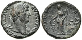 Hadrian (117-138). Æ Sestertius (30mm, 24.05g, 6h). Rome, 137-8. Laureate bust r., slight drapery. R/ Fortuna standing l., holding rudder and cornucop...