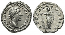 Antoninus Pius (138-161). AR Denarius (17mm, 3.35g, 6h). Rome, AD 160. Laureate head r. R/ Fortuna standing facing, head r., holding rudder and cornuc...