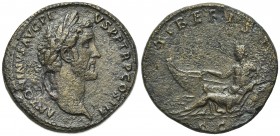 Antoninus Pius (138-161). Æ Sestertius (33mm, 22.70g, 12h). Rome, c. 141-3. Laureate head r. R/ Tiber reclining l. on overturned urn from which water ...