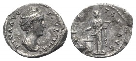Diva Faustina Senior (died 140/1). AR Denarius (19mm, 2.79g, 6h). Rome, c. 141-6. Diademed and draped bust r. R/ Pietas standing l., sacrificing over ...