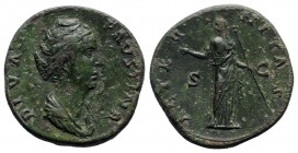 Diva Faustina Senior (died AD 140/1). Æ Sestertius (32mm, 23.38g, 12h). Rome, AD 141. Draped bust r. R/ Aeternitas standing l., raising hand and holdi...