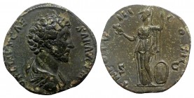 Marcus Aurelius (Caesar, 139-161). Æ Sestertius (31.5mm, 20.65g, 10h). Rome, 153-4. Bareheaded and draped bust r. R/ Minerva standing facing, head l.,...