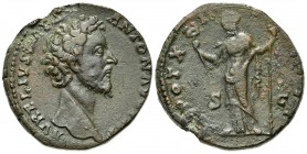 Marcus Aurelius (Caesar, 139-161). Æ Sestertius (30mm, 25.50g, 6h). Rome, 157-8. Bare head r. R/ Felicitas standing l., leaning against column, holdin...